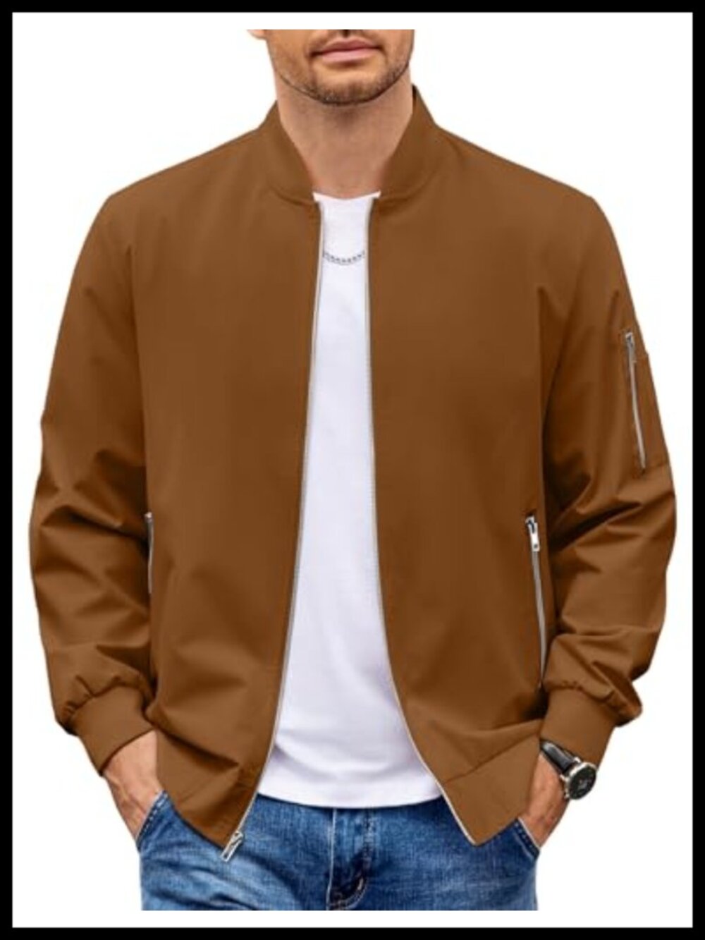 Men's Lightweight Bomber Windbreaker Water Resistant Polyester Zip Jacket
